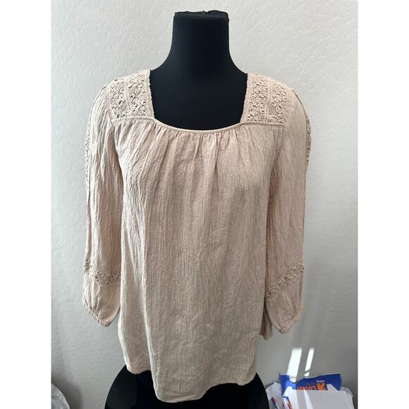 SOFT SURROUNDINGS | Beige Boho Peasant Blouse Crochet Trim Romantic Top | Small - Picture 2 of 6